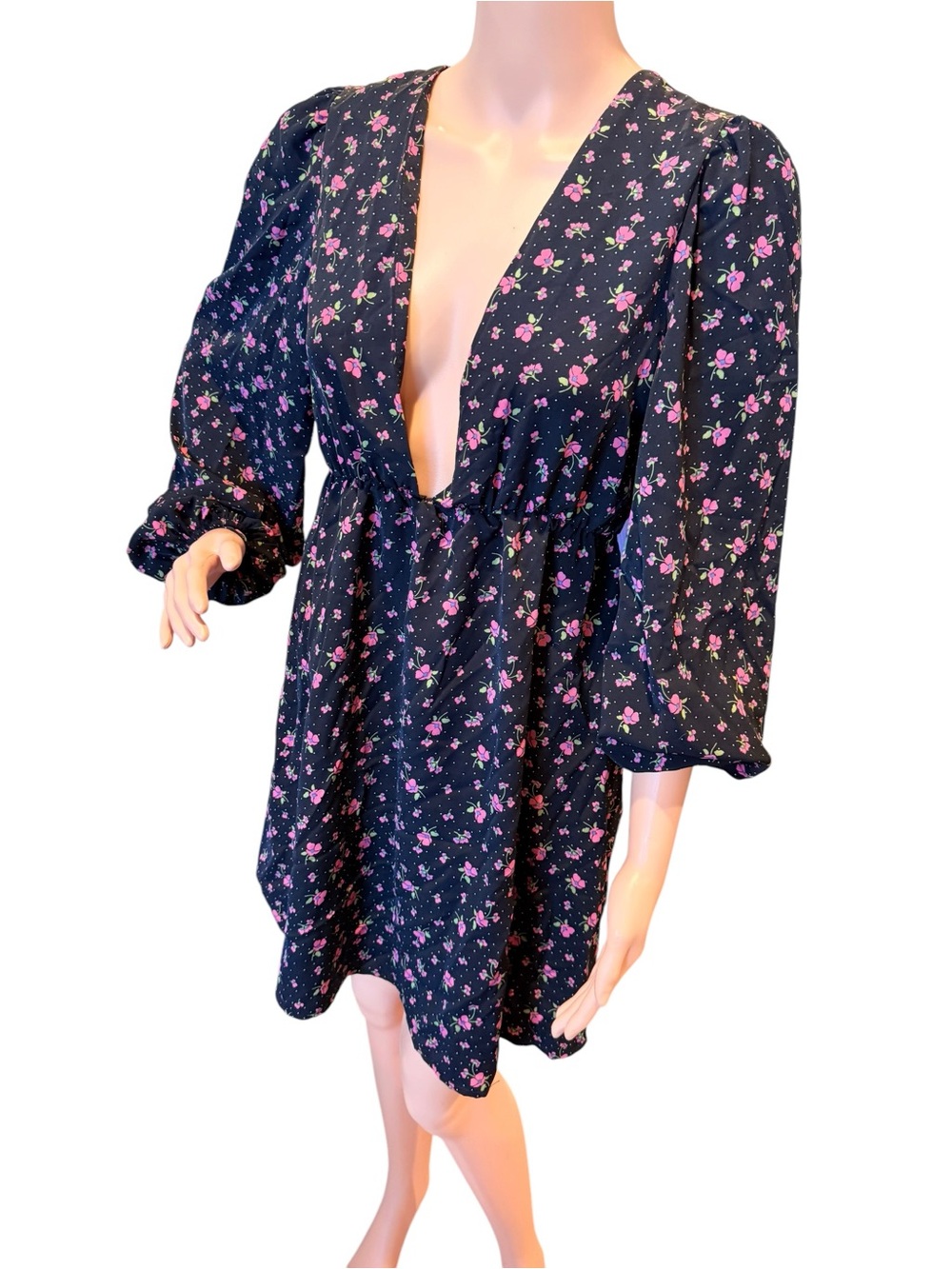 Nasty Gal Plunging Neckline Black Mini Dress Pink Floral Print Size 6
